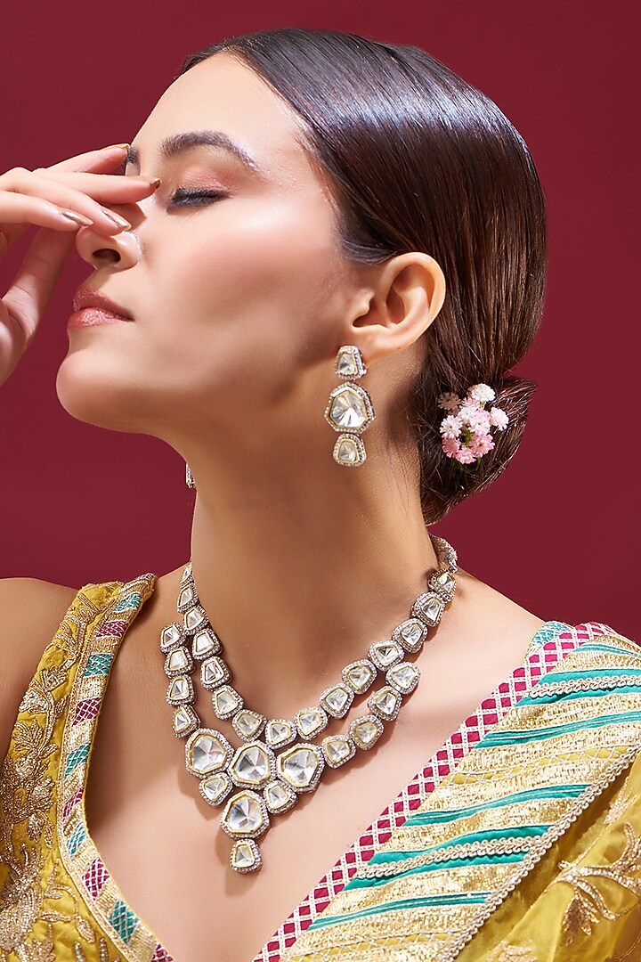 Gold Plated Kundan Polki & Faux Diamond Layered Necklace Set by Shlok Jewels at Pernia's Pop Up Shop
