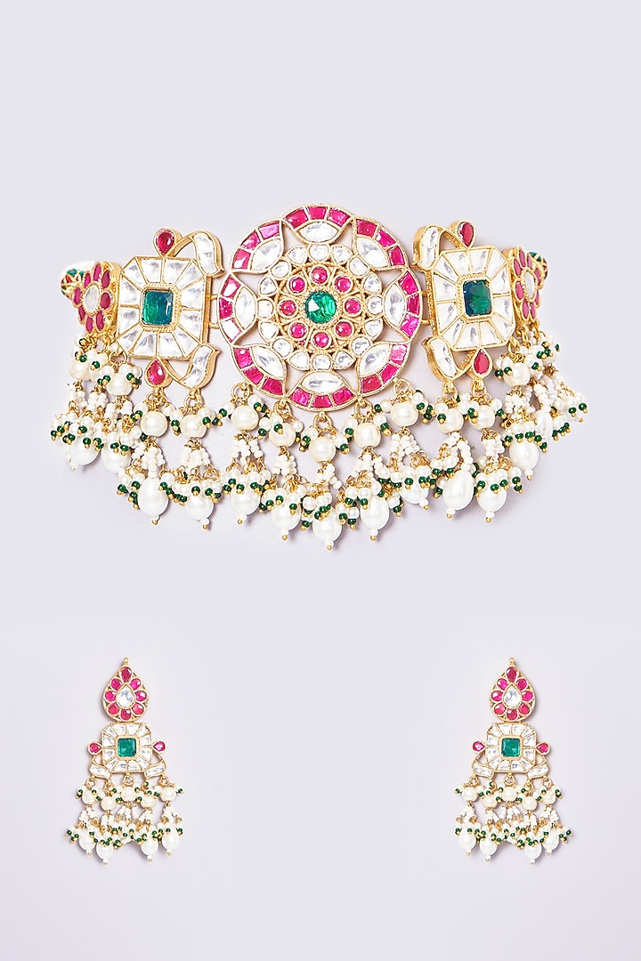 Gold Plated Kundan Polki Choker Necklace Set by Shlok Jewels at Pernia's Pop Up Shop