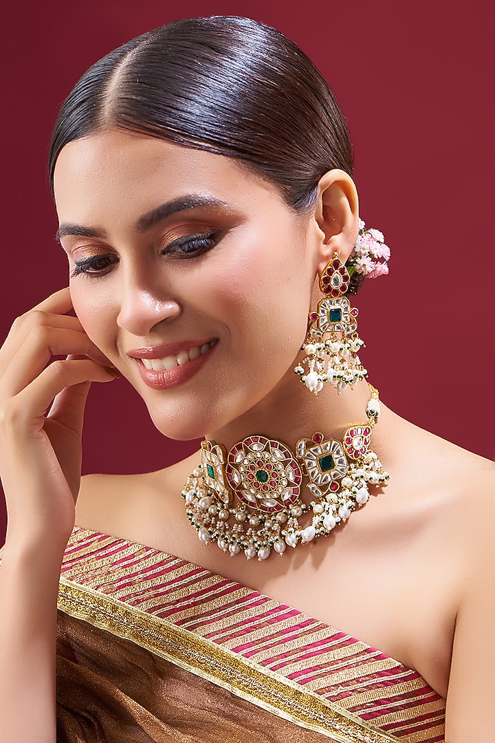 Gold Plated Kundan Polki Choker Necklace Set by Shlok Jewels at Pernia's Pop Up Shop