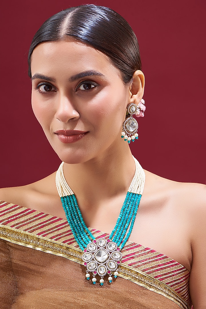 Gold Plated Faux Diamond & Pearls Beaded Necklace Set by Shlok Jewels at Pernia's Pop Up Shop