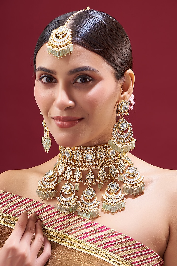 Gold Plated Kundan Choker Necklace Set by Shlok Jewels at Pernia's