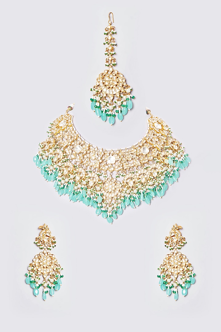 Gold Plated Semi Precious Stone Choker Necklace Set by Shlok Jewels at Pernia's Pop Up Shop