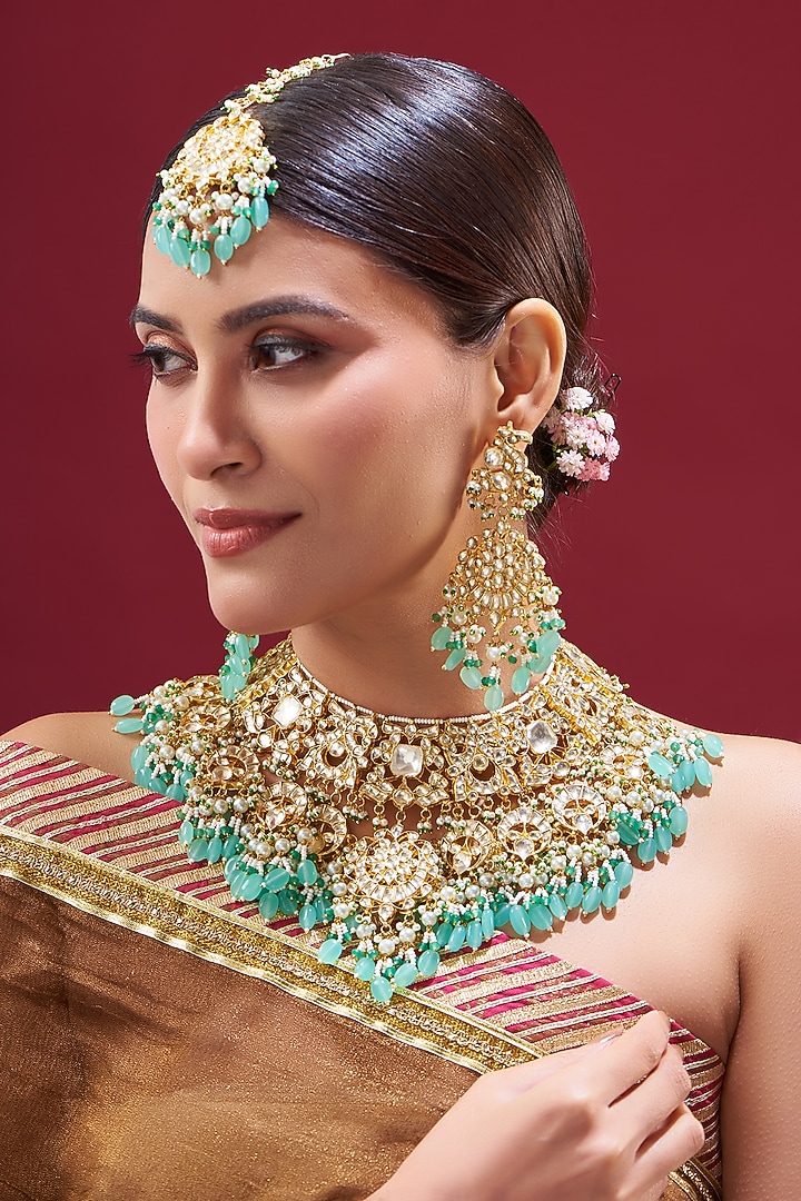Gold Plated Semi Precious Stone Choker Necklace Set by Shlok Jewels at Pernia's Pop Up Shop