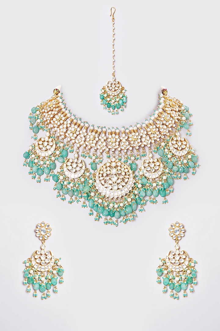 Gold Plated Semi Precious Stone Choker Necklace Set by Shlok Jewels at Pernia's Pop Up Shop