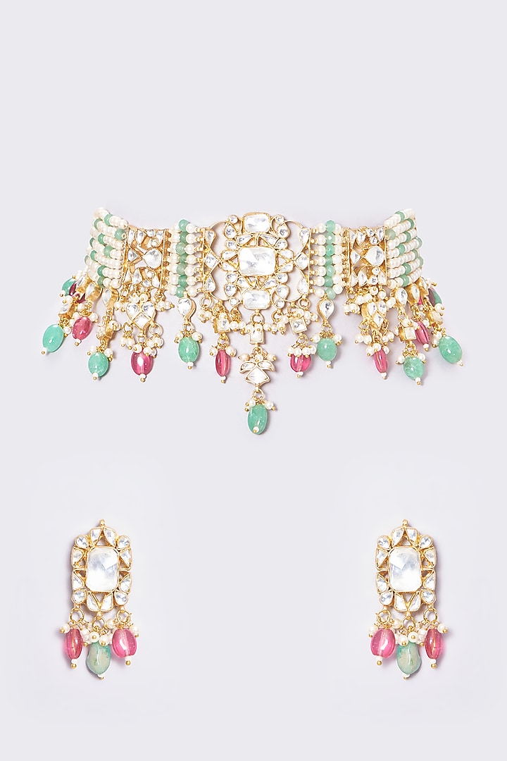 Gold Plated Kundan Choker Necklace Set by Shlok Jewels at Pernia's Pop Up Shop