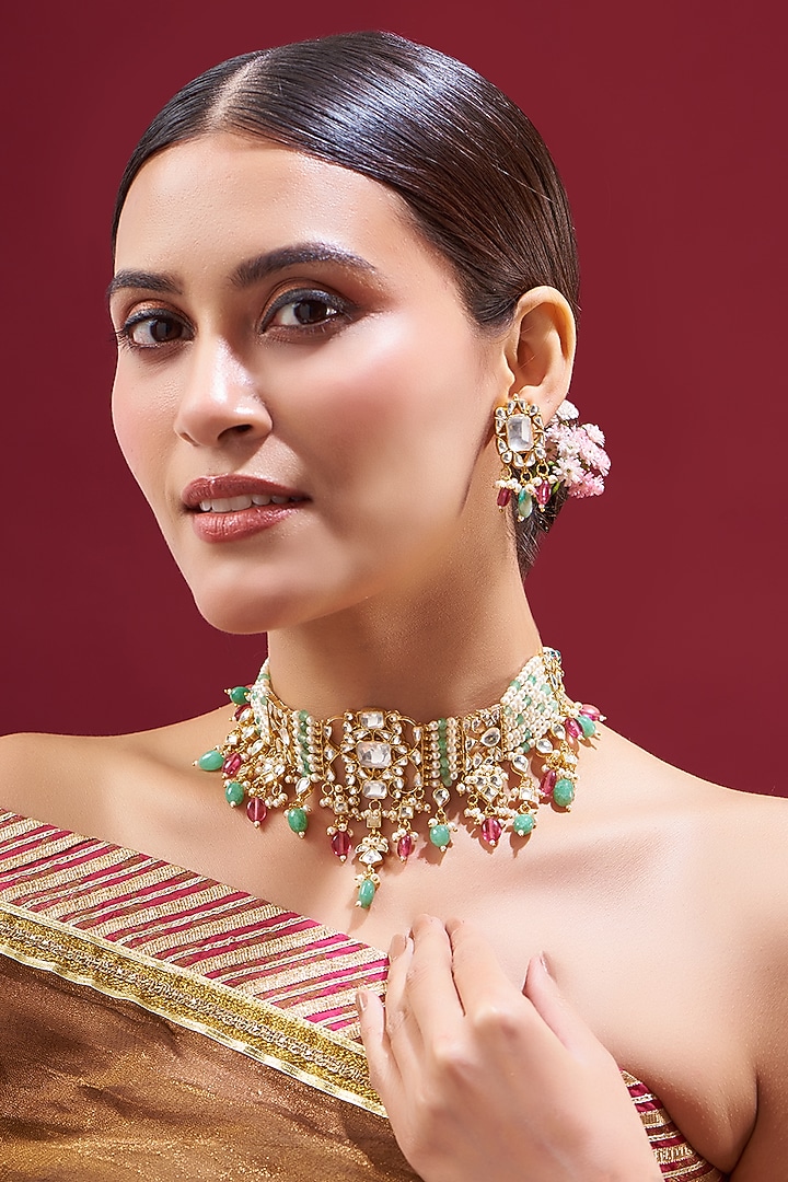 Gold Plated Kundan Choker Necklace Set by Shlok Jewels at Pernia's Pop Up Shop
