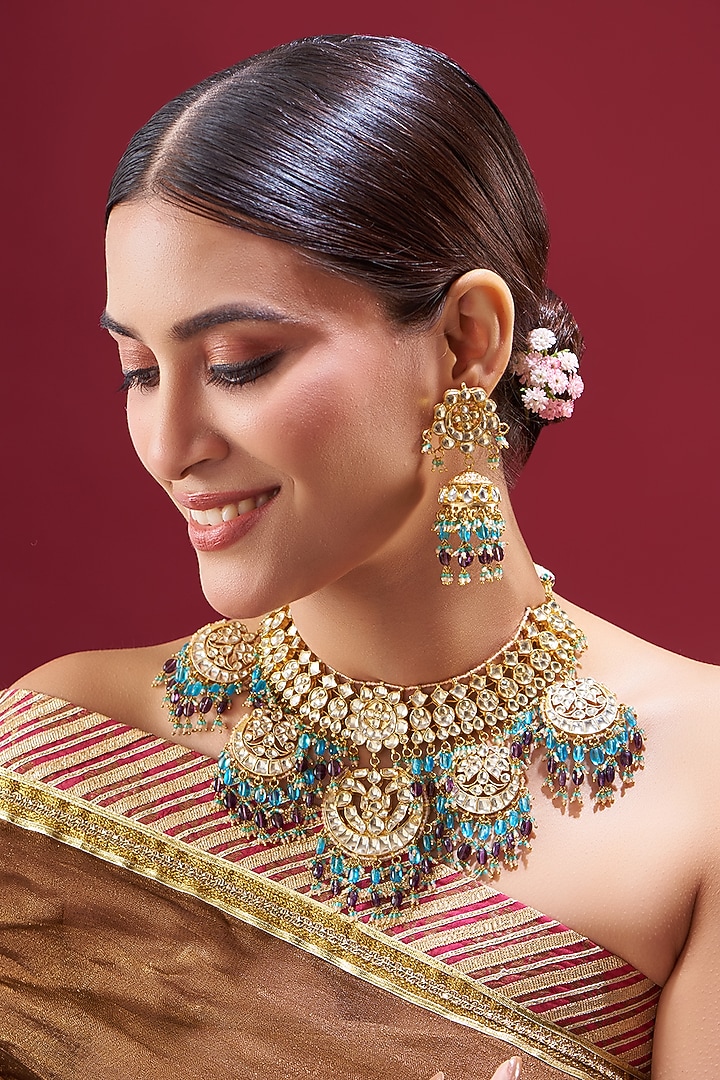 Gold Plated Natural Gemstone Necklace Set by Shlok Jewels at Pernia's Pop Up Shop