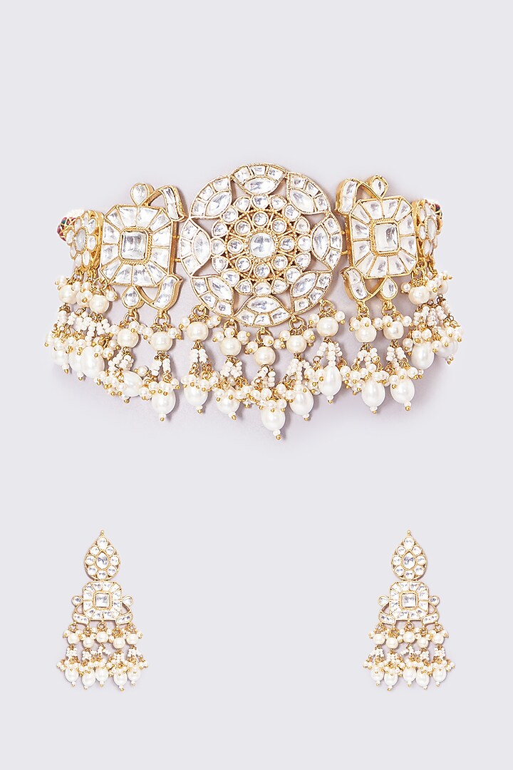 Gold Plated Kundan Choker Necklace Set by Shlok Jewels at Pernia's Pop Up Shop