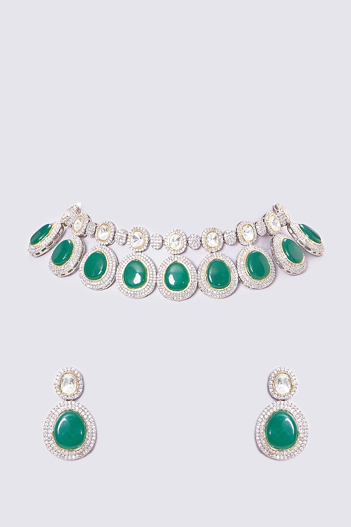 White Finish Faux Diamond & Emerald Necklace Set by Shlok Jewels at Pernia's Pop Up Shop