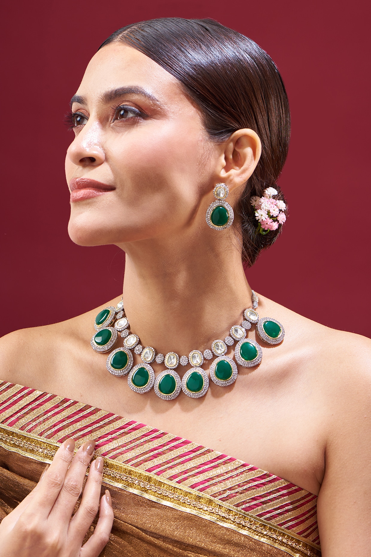 White Finish Faux Diamond Emerald Necklace Set by Shlok Jewels at Pernia s Pop Up Shop 2025