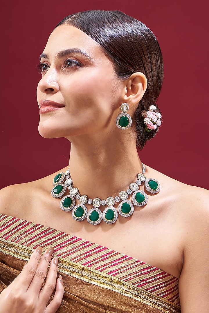 White Finish Faux Diamond & Emerald Necklace Set by Shlok Jewels at Pernia's Pop Up Shop