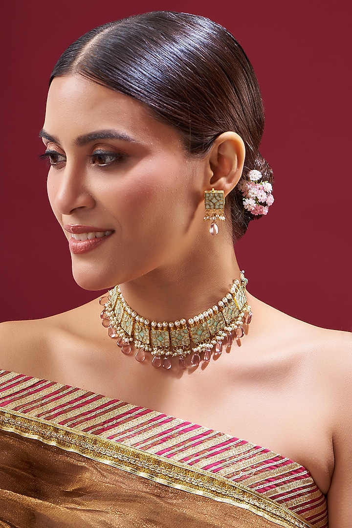 Gold Plated Kundan Choker Necklace Set by Shlok Jewels at Pernia's Pop Up Shop