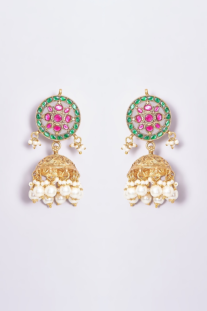 Gold Plated Kundan Polki Temple Jhumka Earrings by Shlok Jewels at Pernia's Pop Up Shop