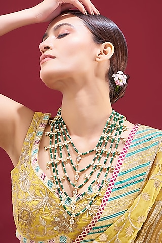Gold Plated Kundan Polki Long Layered Mala by Shlok Jewels