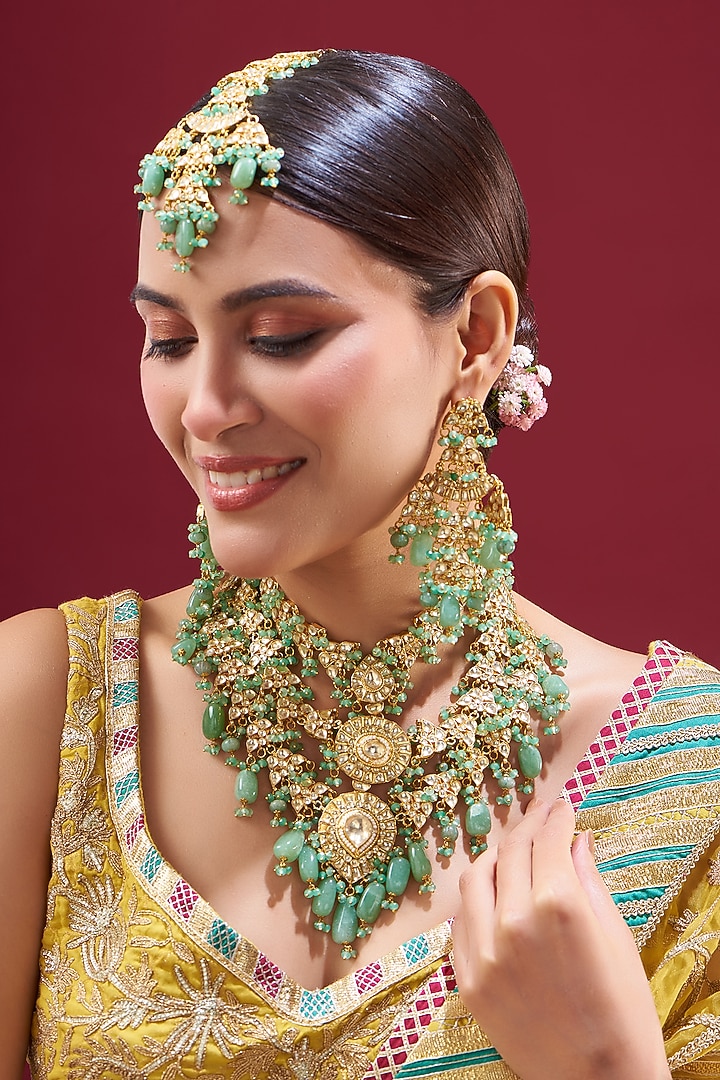 Gold Plated Semi Precious Stone Choker Necklace Set by Shlok Jewels at Pernia's Pop Up Shop