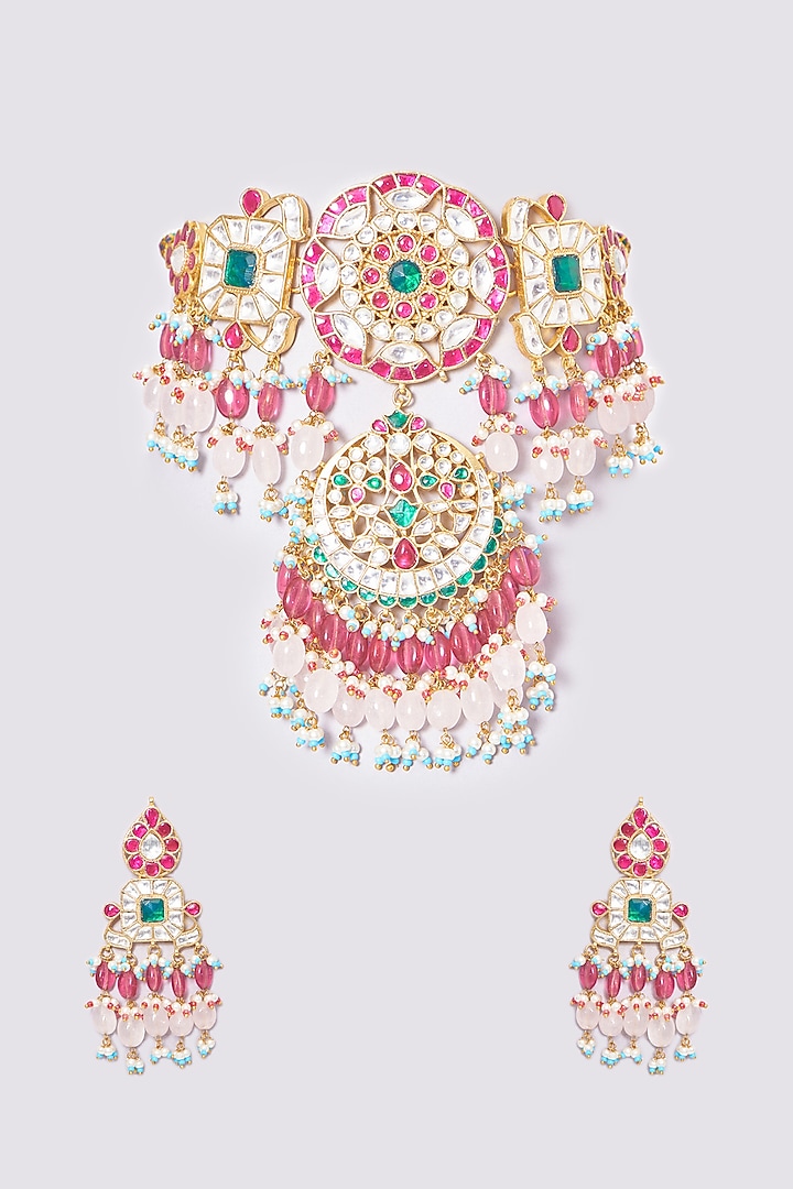 Gold Plated Natural Gemstone Choker Necklace Set by Shlok Jewels at Pernia's Pop Up Shop