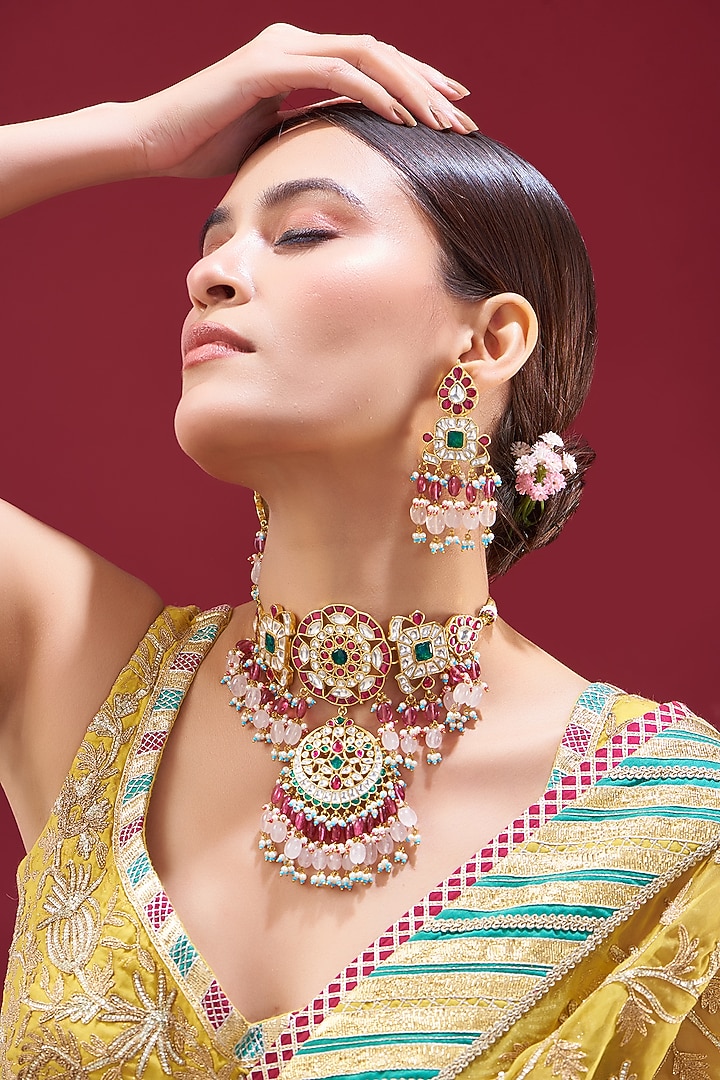 Gold Plated Natural Gemstone Choker Necklace Set by Shlok Jewels at Pernia's Pop Up Shop