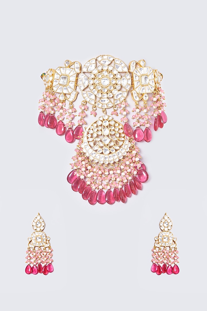 Gold Plated Natural Gemstone Choker Necklace Set by Shlok Jewels at Pernia's Pop Up Shop