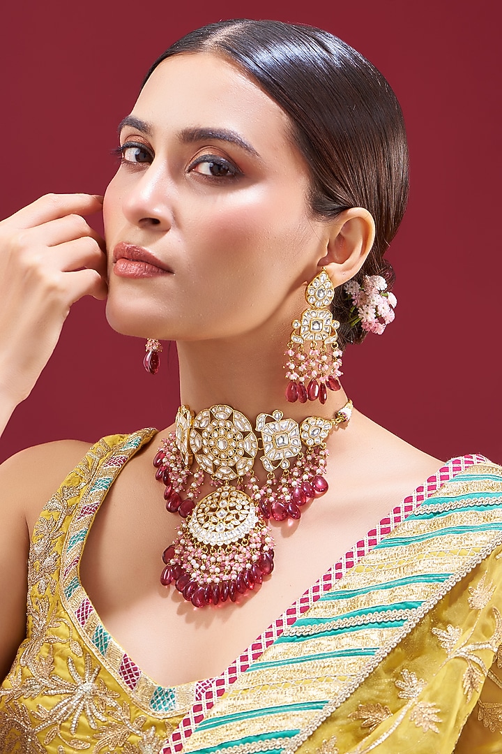 Gold Plated Natural Gemstone Choker Necklace Set by Shlok Jewels at Pernia's Pop Up Shop