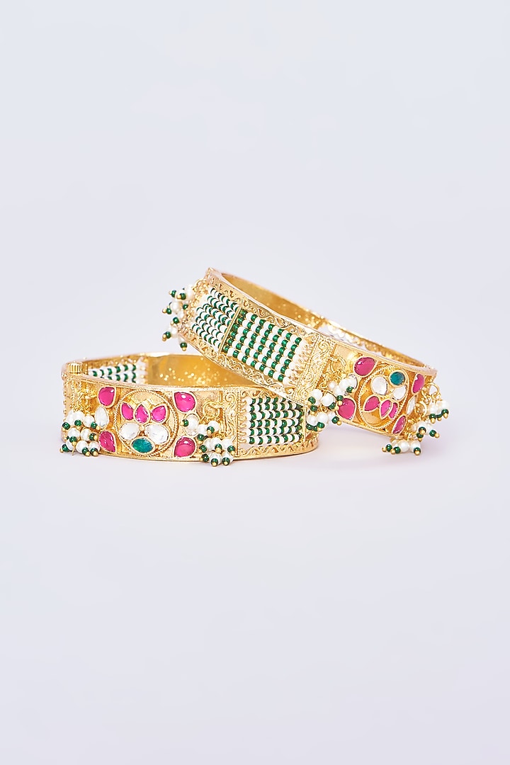 Gold Plated Kundan Jadau Bangles (Set of 2) by Shlok Jewels at Pernia's Pop Up Shop