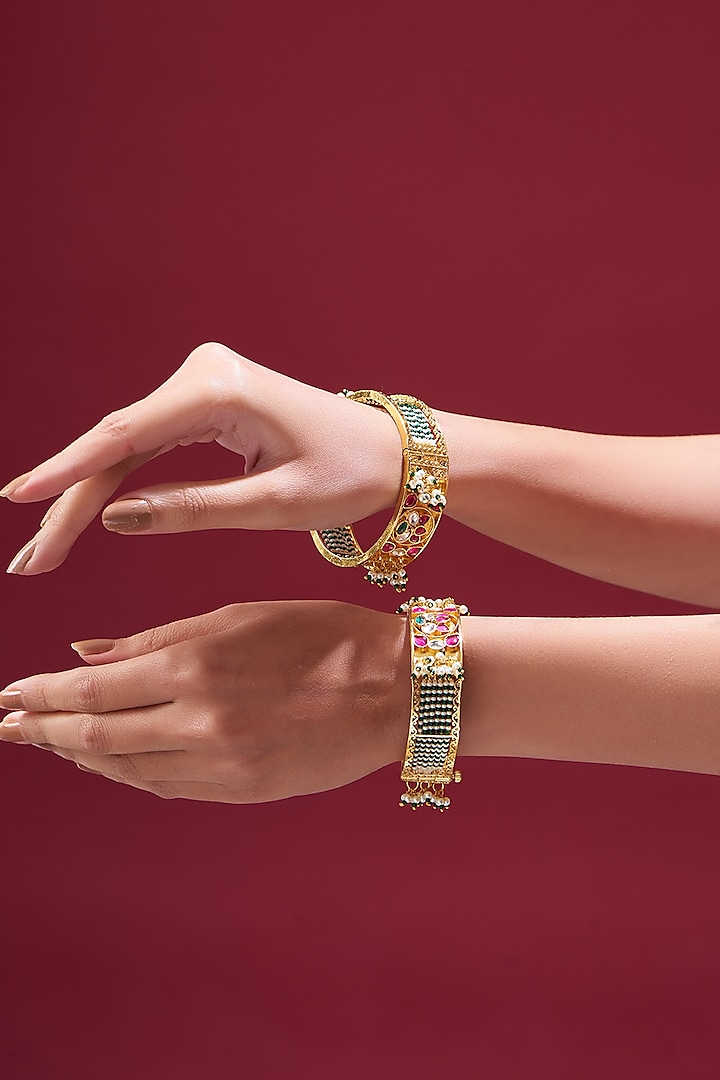 Gold Plated Kundan Jadau Bangles (Set of 2) by Shlok Jewels at Pernia's Pop Up Shop