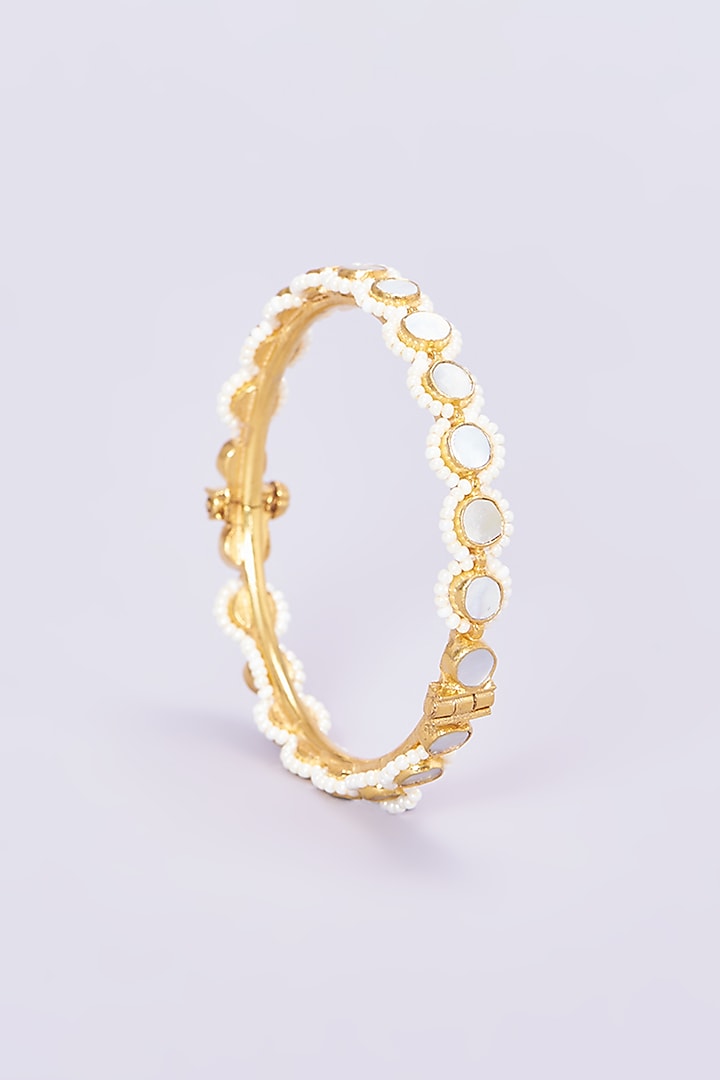 Gold Plated Kundan & Mother Of Pearls Bangles (Set of 2) by Shlok Jewels at Pernia's Pop Up Shop