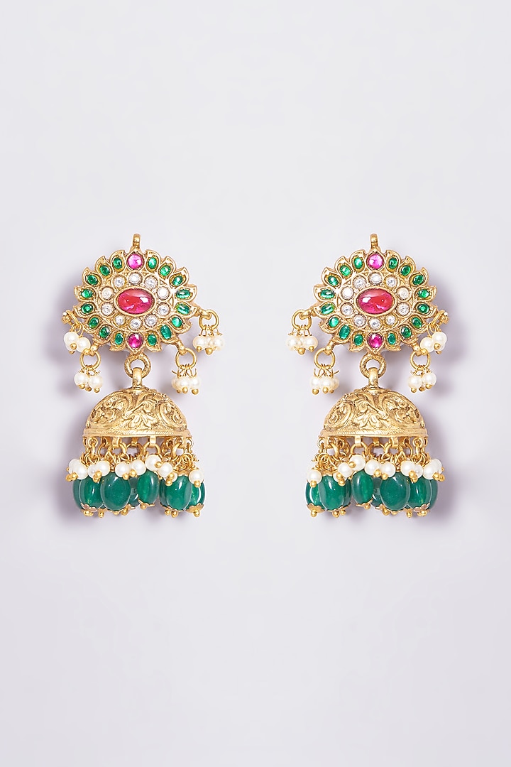 Gold Plated Semi Precious Stone Temple Jhumka Earrings by Shlok Jewels at Pernia's Pop Up Shop