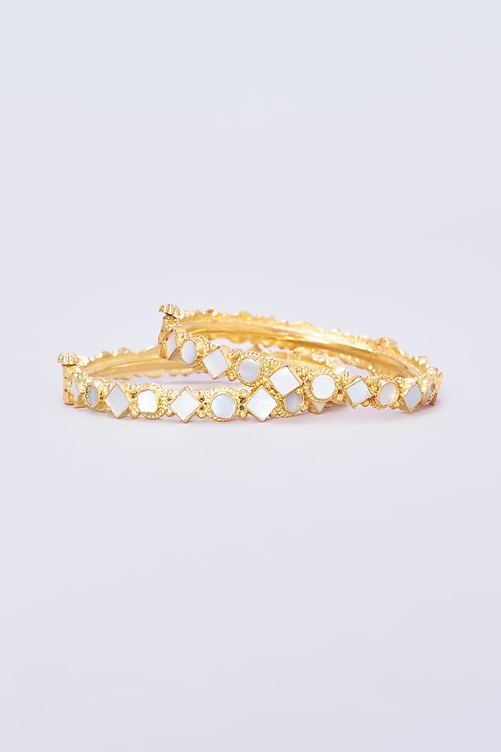 Gold Plated Kundan & Mother Of Pearls Bangles (Set of 2) by Shlok Jewels at Pernia's Pop Up Shop
