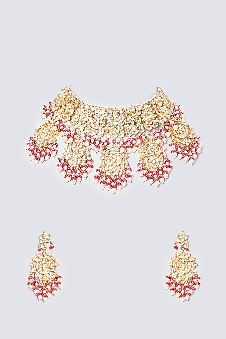 Gold Plated Natural Gemstone Jadau Necklace Set by Shlok Jewels at Pernia's Pop Up Shop