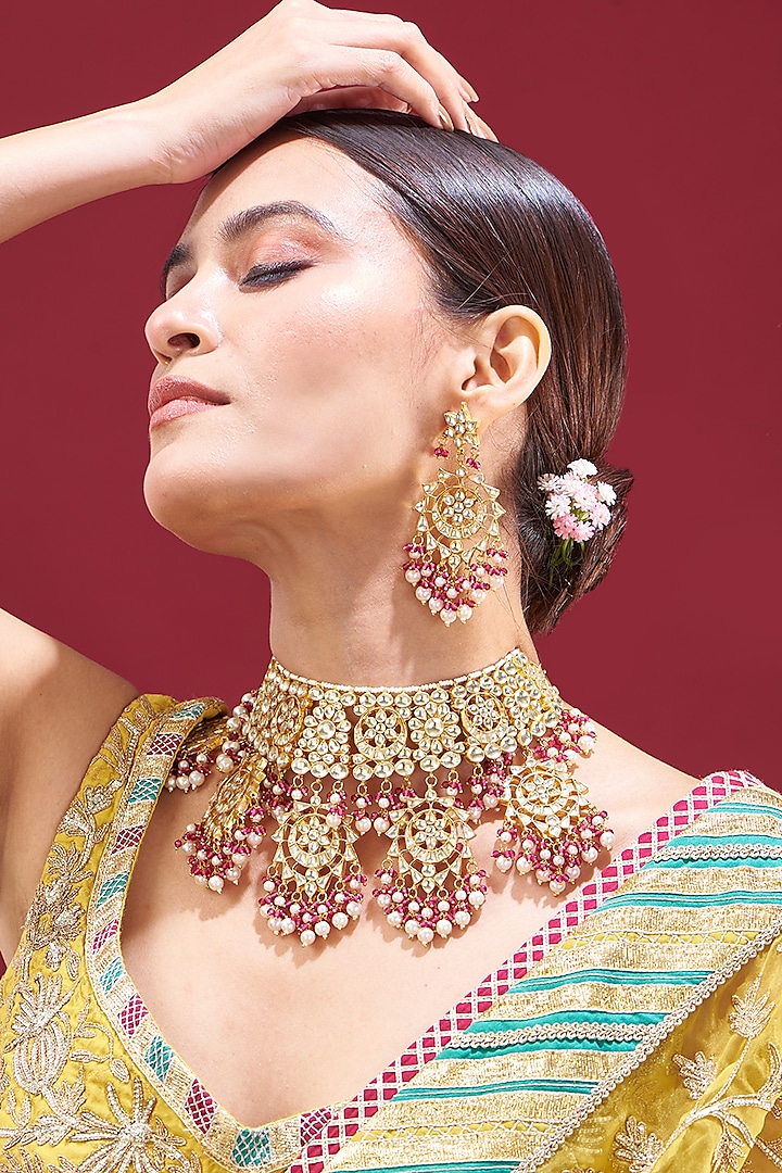 Gold Plated Natural Gemstone Jadau Necklace Set by Shlok Jewels at Pernia's Pop Up Shop
