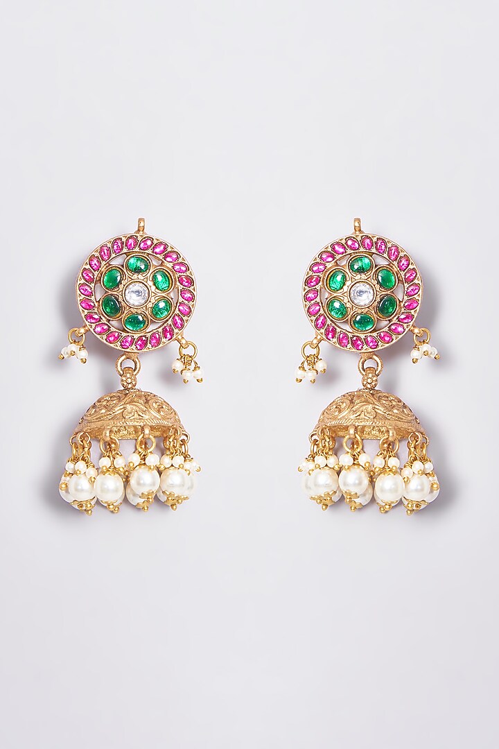 Gold Plated Semi Precious Stone Temple Floral Jhumka Earrings by Shlok Jewels at Pernia's Pop Up Shop