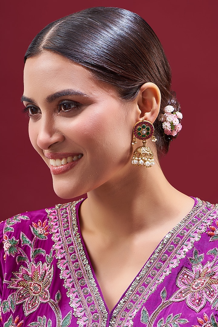 Gold Plated Semi Precious Stone Temple Floral Jhumka Earrings by Shlok Jewels at Pernia's Pop Up Shop