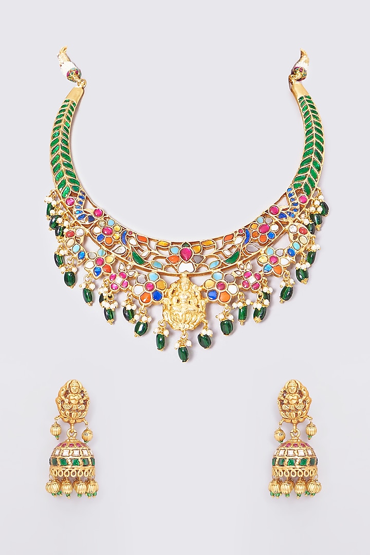 Gold Plated Natural Gemstone Jadau Temple Necklace Set by Shlok Jewels at Pernia's Pop Up Shop