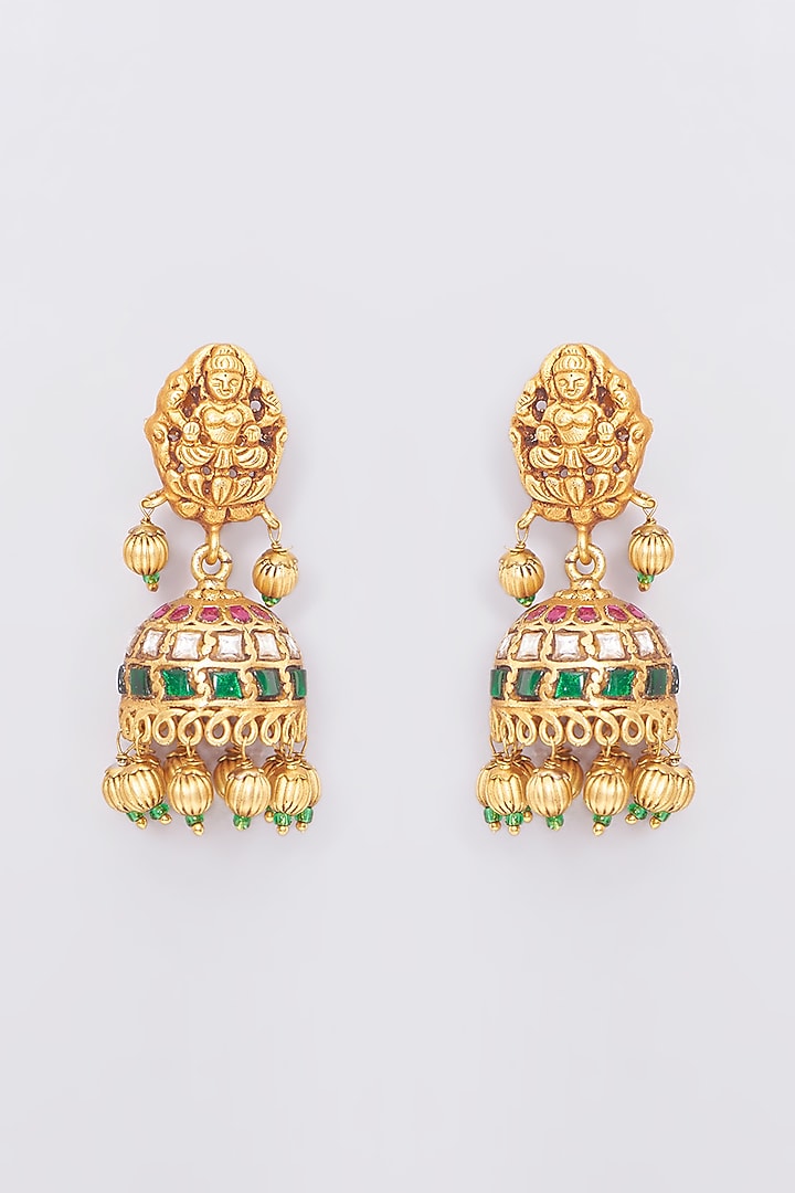 Gold Plated Natural Gemstone Jadau Temple Necklace Set by Shlok Jewels at Pernia's Pop Up Shop