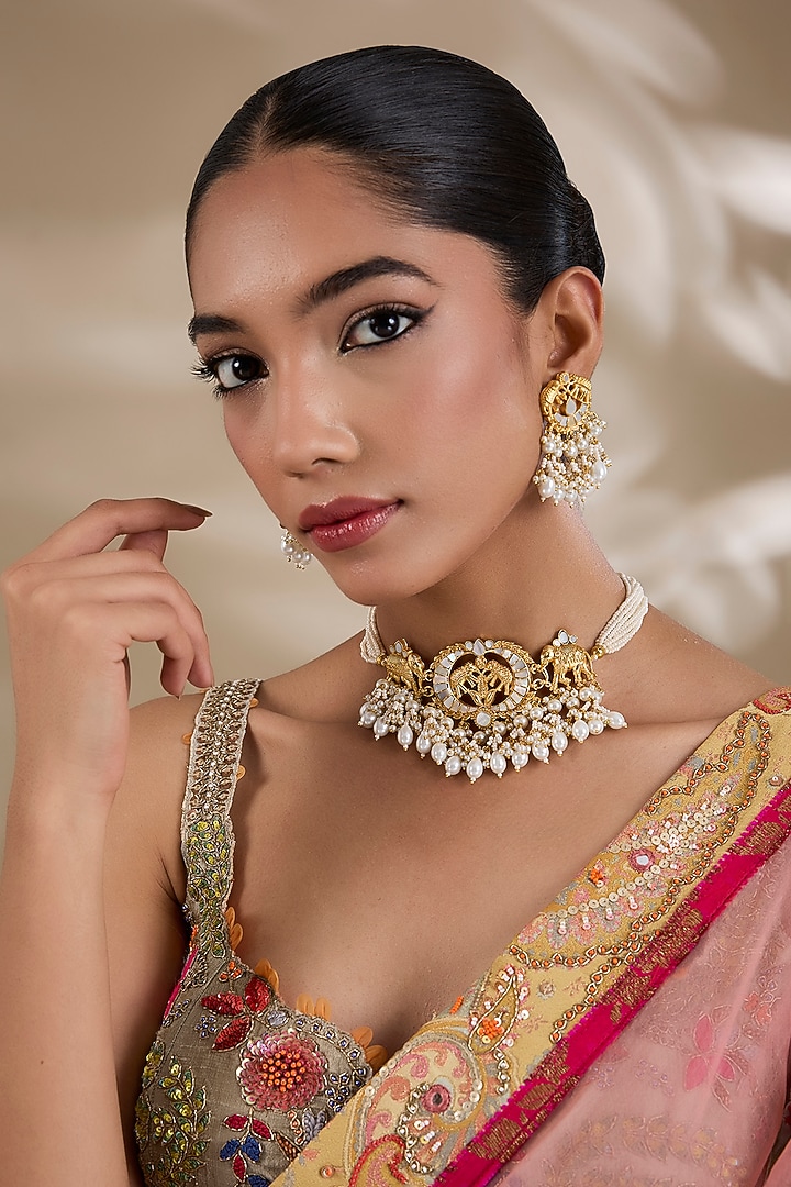 Gold Plated Mother Of Pearl & Gemstone Choker Necklace Set by Shlok Jewels at Pernia's Pop Up Shop