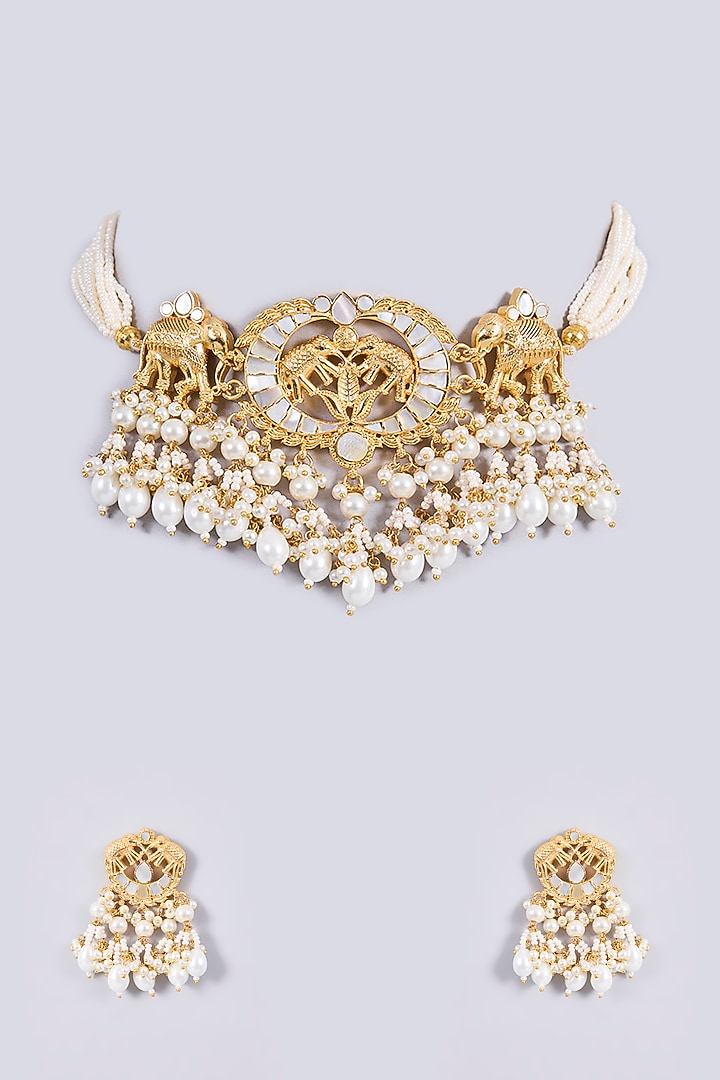 Gold Plated Mother Of Pearl & Gemstone Choker Necklace Set by Shlok Jewels at Pernia's Pop Up Shop