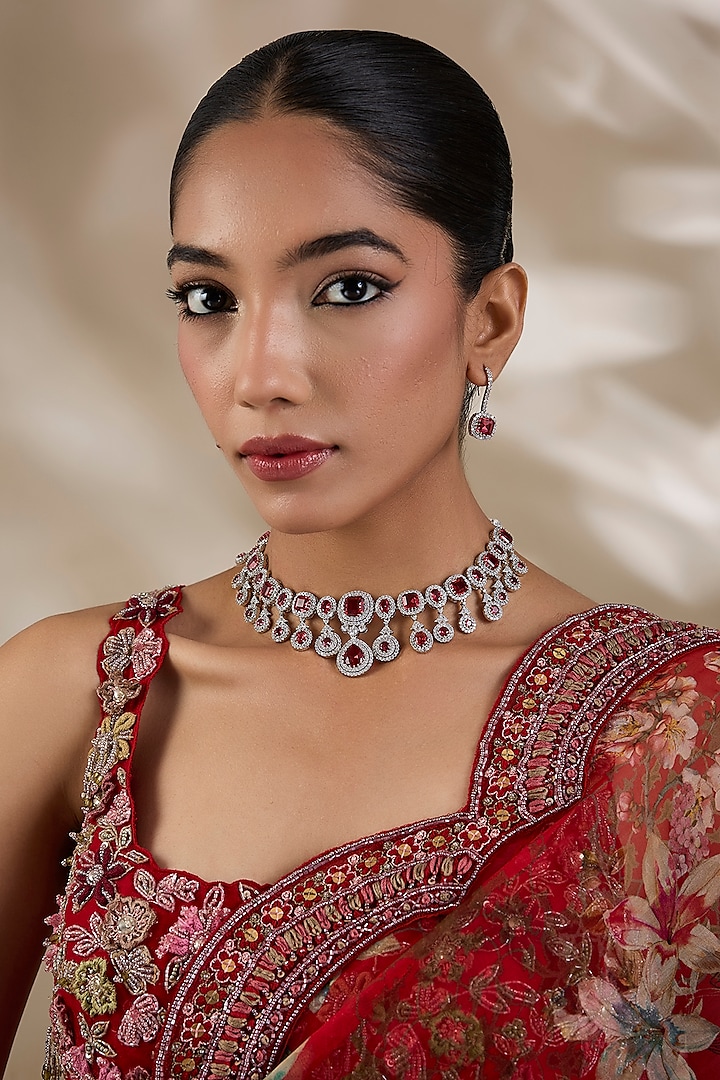 White Finish Zircon & Red Stone Necklace Set by Shlok Jewels at Pernia's Pop Up Shop