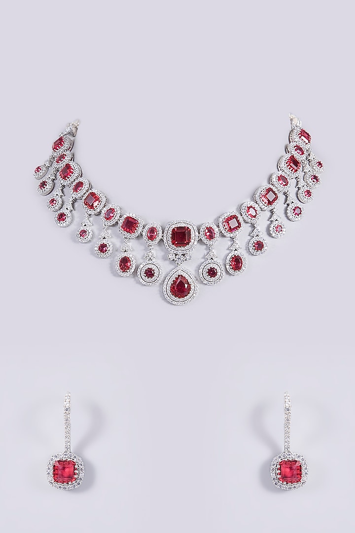 White Finish Zircon & Red Stone Necklace Set by Shlok Jewels at Pernia's Pop Up Shop