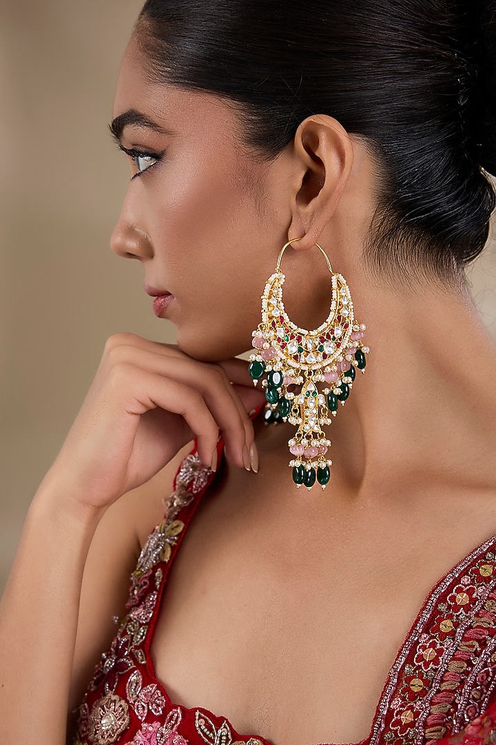Gold Plated Red Kundan Stone Chandbali Earrings by Shlok Jewels at Pernia's Pop Up Shop