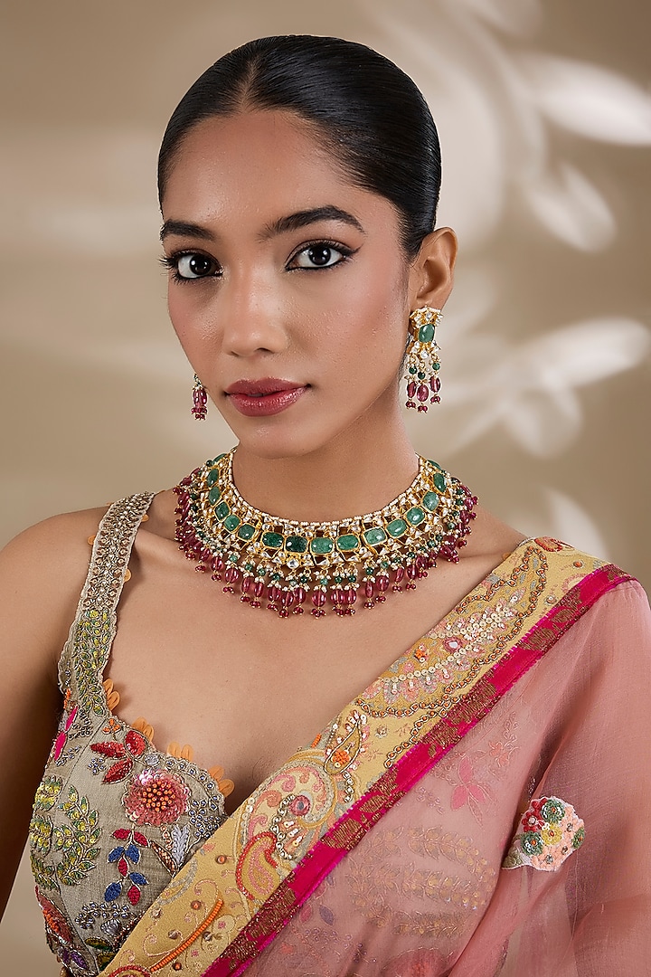 Gold Plated Kundan Polki Jadau Necklace Set by Shlok Jewels at Pernia's Pop Up Shop