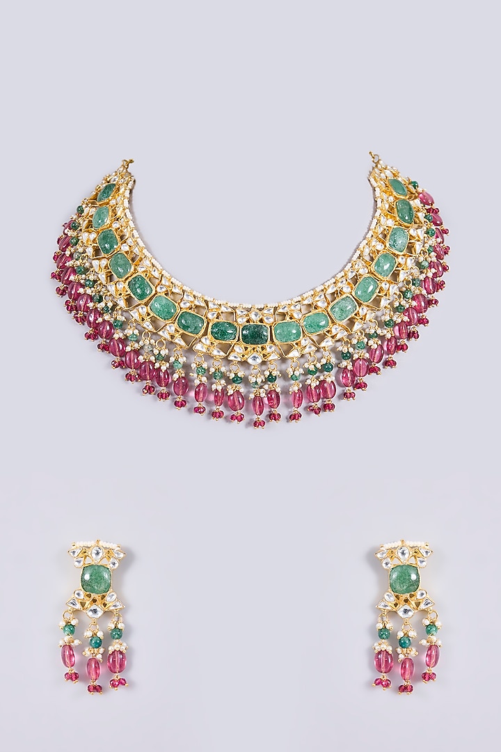 Gold Plated Kundan Polki Jadau Necklace Set by Shlok Jewels at Pernia's Pop Up Shop