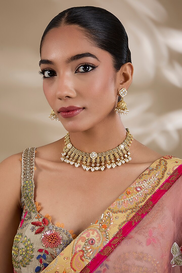 Gold Plated Mother Of Pearl & Semi-precious Stone Choker Necklace Set by Shlok Jewels at Pernia's Pop Up Shop
