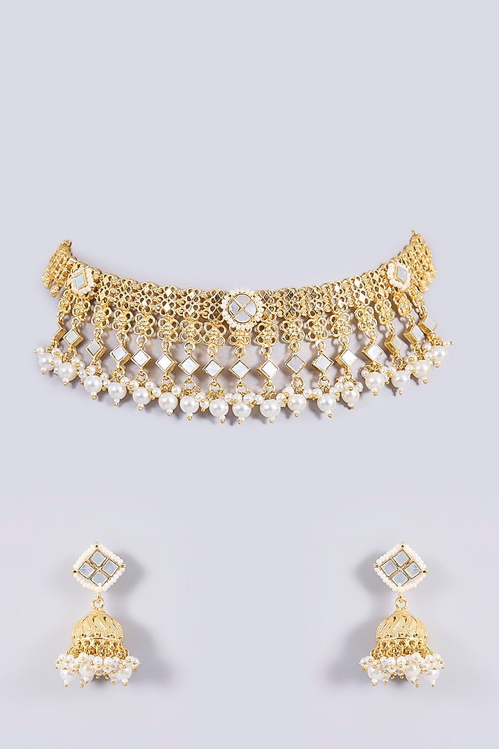 Gold Plated Mother Of Pearl & Semi-precious Stone Choker Necklace Set by Shlok Jewels at Pernia's Pop Up Shop