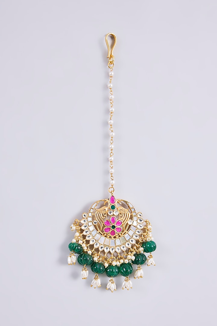 Gold Plated Kundan Polki & Semi-precious Stone Jadau Maangtikka by Shlok Jewels at Pernia's Pop Up Shop