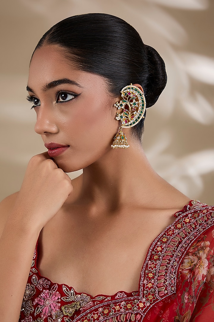 Gold Plated Kundan Polki & Semi-Precious Stone Jadau Earcuffs by Shlok Jewels at Pernia's Pop Up Shop