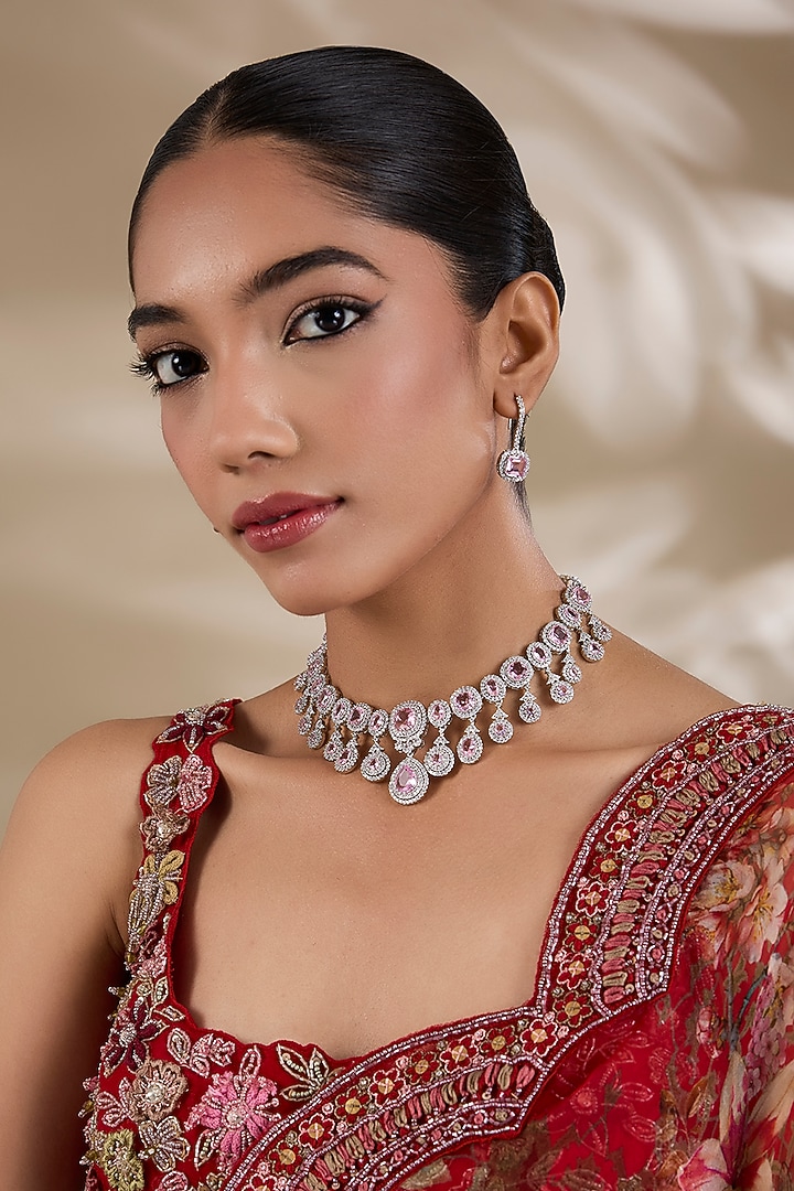 White Finish Zircon & Pink Stone Necklace Set by Shlok Jewels at Pernia's Pop Up Shop