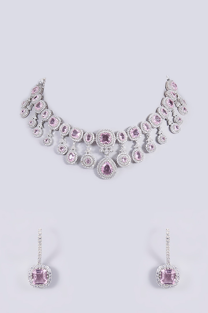 White Finish Zircon & Pink Stone Necklace Set by Shlok Jewels at Pernia's Pop Up Shop