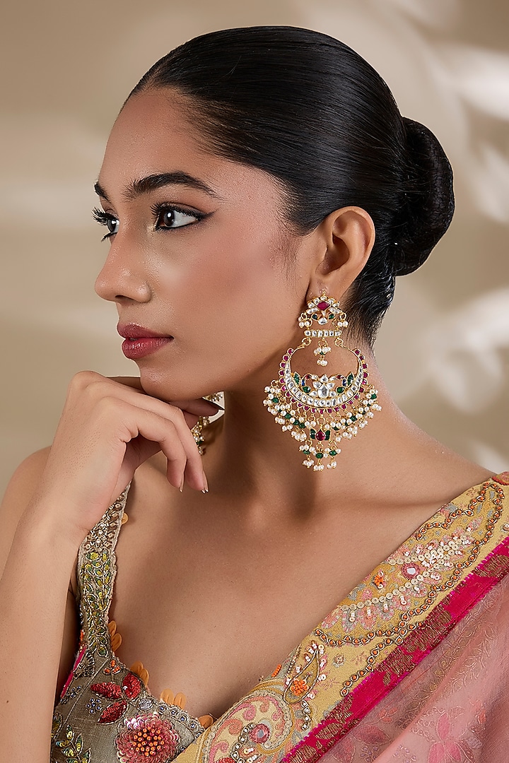 Gold Plated Kundan Polki & Semi-Precious Stone Jadau Chandbali Earrings by Shlok Jewels at Pernia's Pop Up Shop