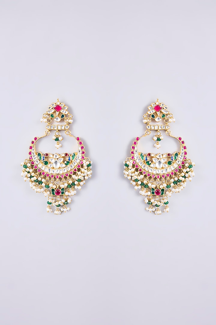 Gold Plated Kundan Polki & Semi-Precious Stone Jadau Chandbali Earrings by Shlok Jewels at Pernia's Pop Up Shop