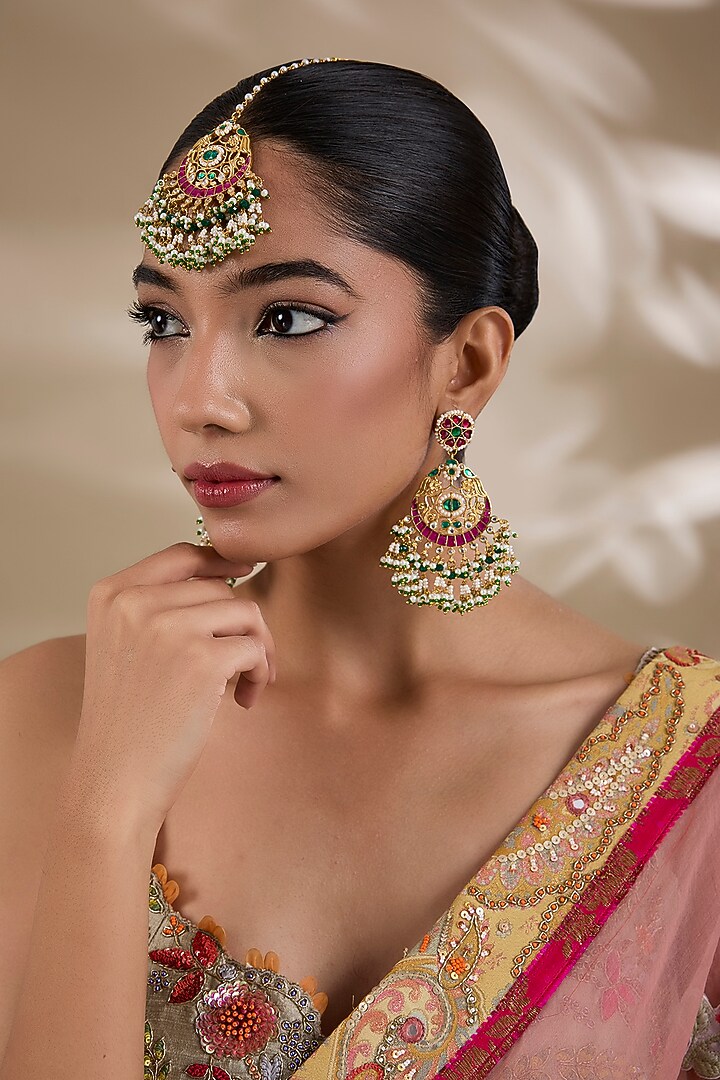 Gold Plated Kundan Polki Jadau Chandbali Earrings With Maangtikka by Shlok Jewels at Pernia's Pop Up Shop